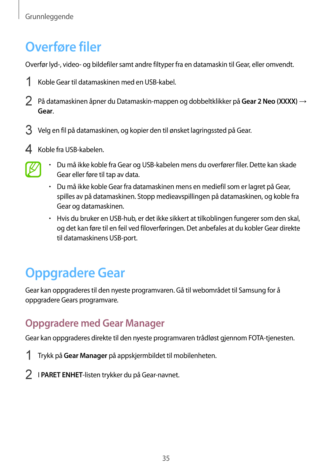 Samsung SM-R3810ZAANEE, SM-R3810ZWANEE, SM-R3810ZOANEE manual Overføre filer, Oppgradere Gear, Oppgradere med Gear Manager 