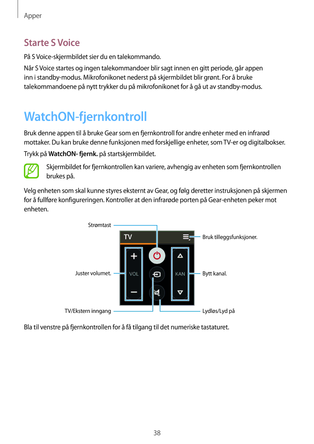 Samsung SM-R3810ZKANEE manual WatchON-fjernkontroll, Starte S Voice, På S Voice-skjermbildet sier du en talekommando 