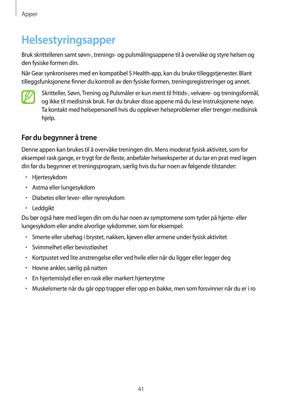 Samsung SM-R3810ZOANEE, SM-R3810ZWANEE, SM-R3810ZKANEE, SM-R3810ZAANEE manual Helsestyringsapper, Før du begynner å trene 