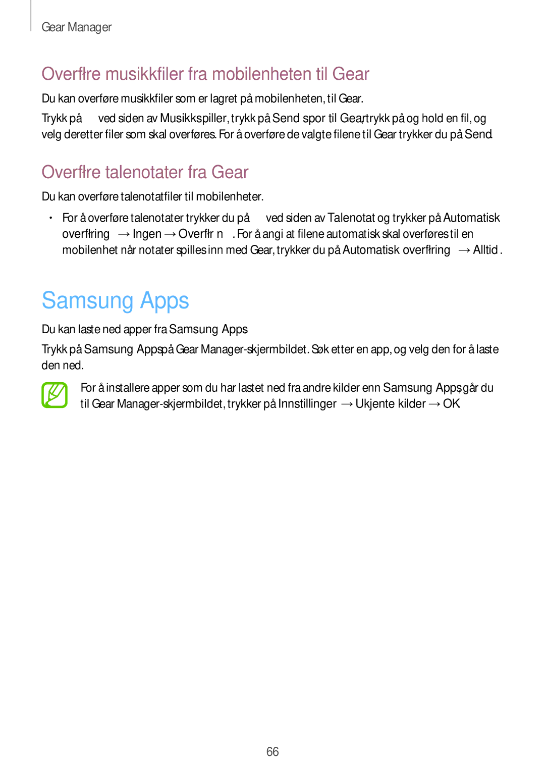 Samsung SM-R3810ZKANEE manual Samsung Apps, Overføre musikkfiler fra mobilenheten til Gear, Overføre talenotater fra Gear 