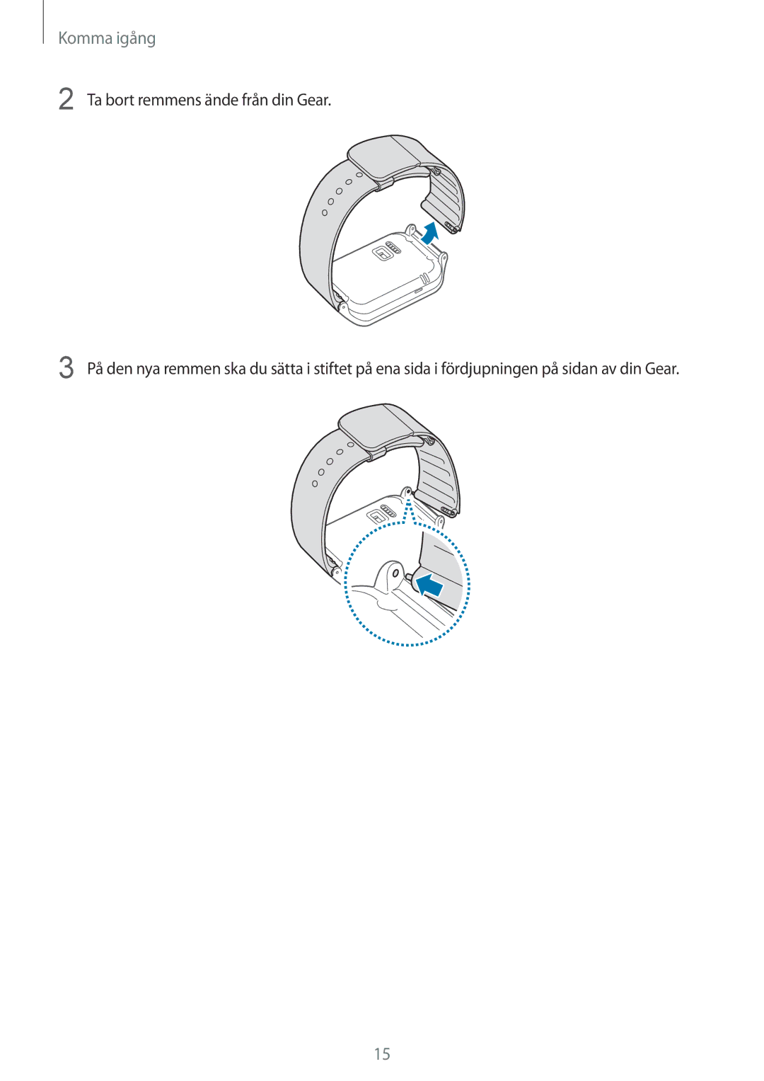 Samsung SM-R3810ZAANEE, SM-R3810ZWANEE, SM-R3810ZOANEE, SM-R3810ZKANEE manual Ta bort remmens ände från din Gear 