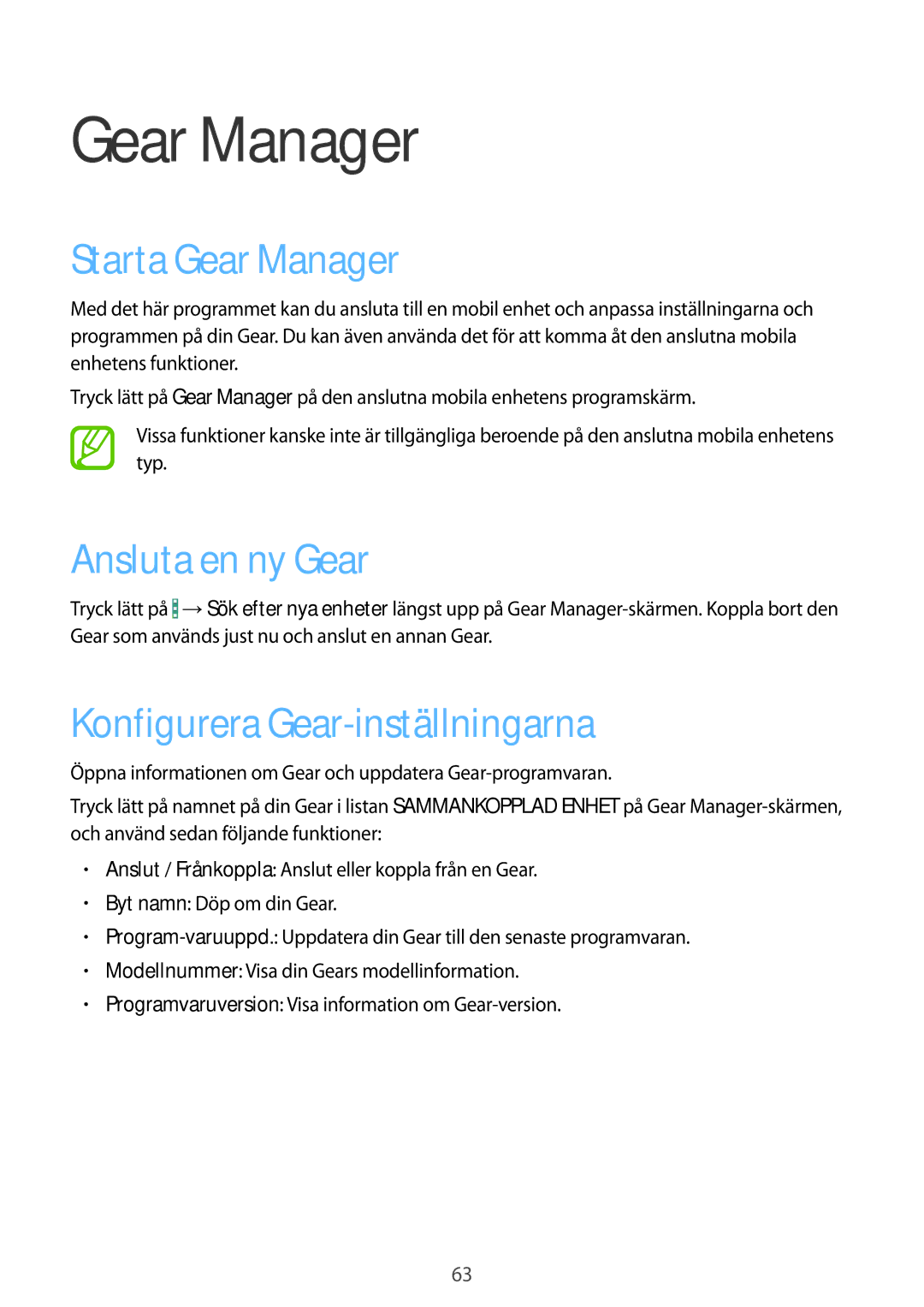 Samsung SM-R3810ZAANEE, SM-R3810ZWANEE manual Starta Gear Manager, Ansluta en ny Gear, Konfigurera Gear-inställningarna 