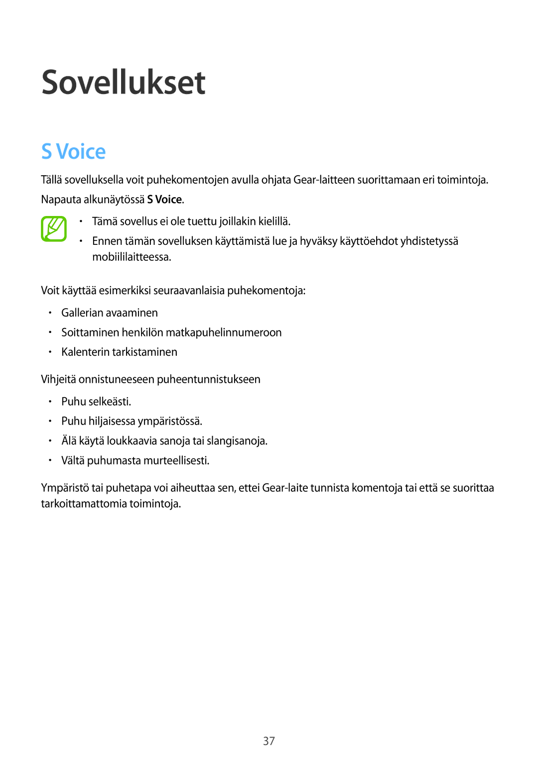 Samsung SM-R3810ZOANEE, SM-R3810ZWANEE, SM-R3810ZKANEE, SM-R3810ZAANEE manual Sovellukset, Voice 