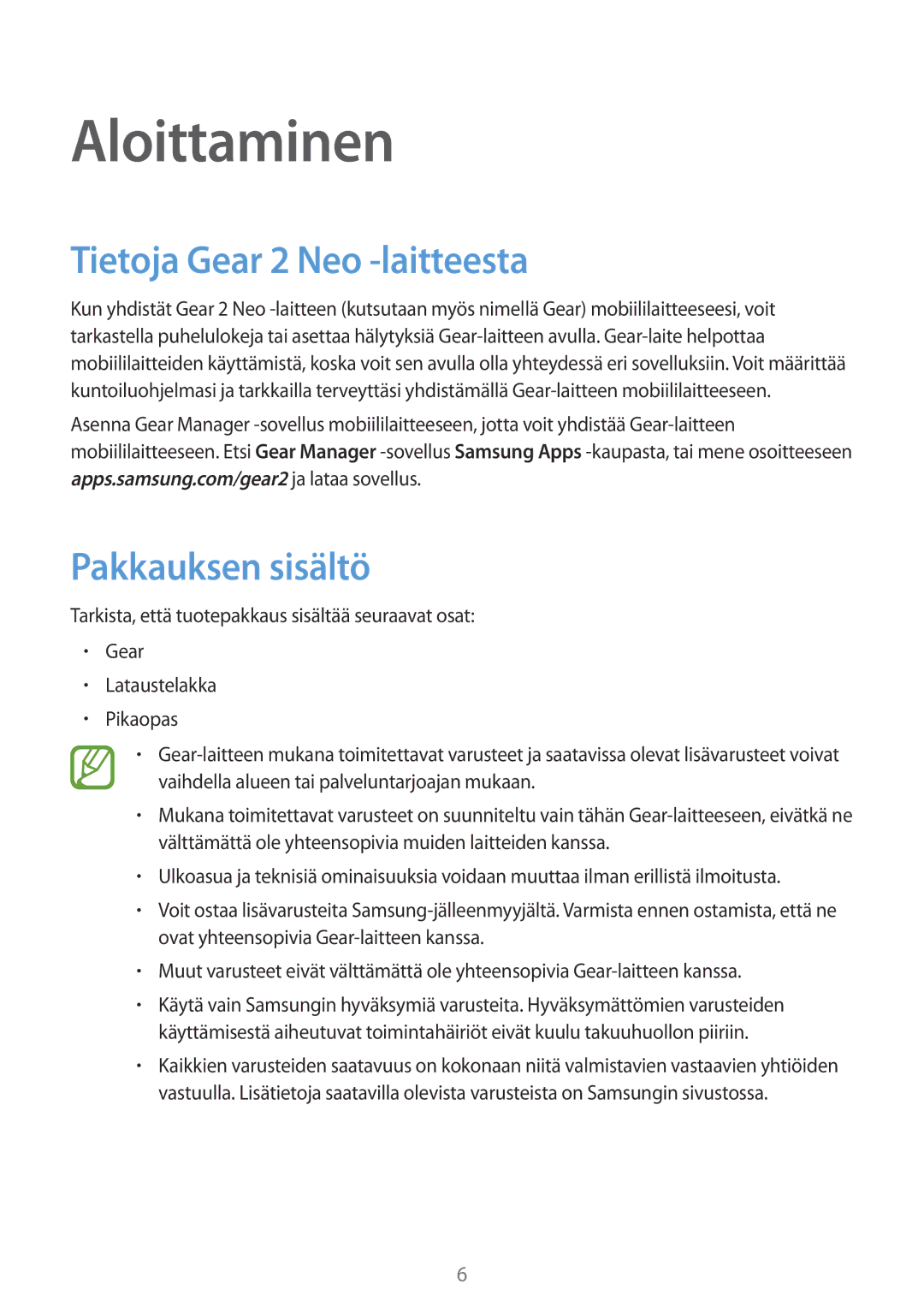 Samsung SM-R3810ZKANEE, SM-R3810ZWANEE, SM-R3810ZOANEE Aloittaminen, Tietoja Gear 2 Neo -laitteesta, Pakkauksen sisältö 