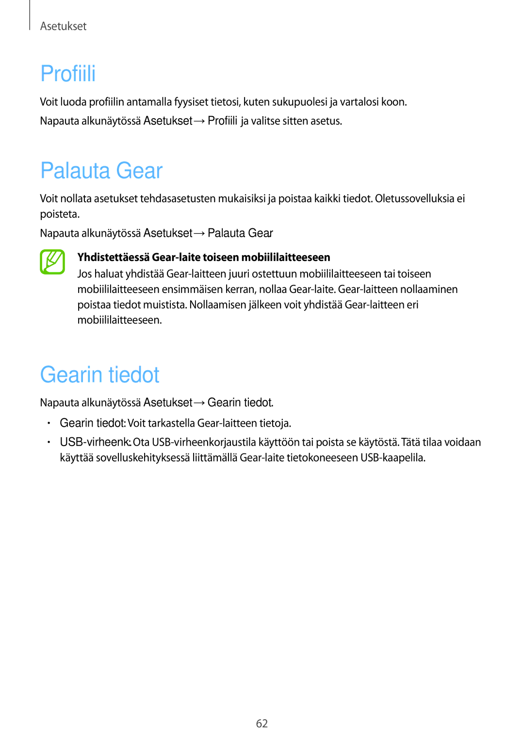 Samsung SM-R3810ZKANEE, SM-R3810ZWANEE, SM-R3810ZOANEE, SM-R3810ZAANEE manual Profiili, Palauta Gear, Gearin tiedot 