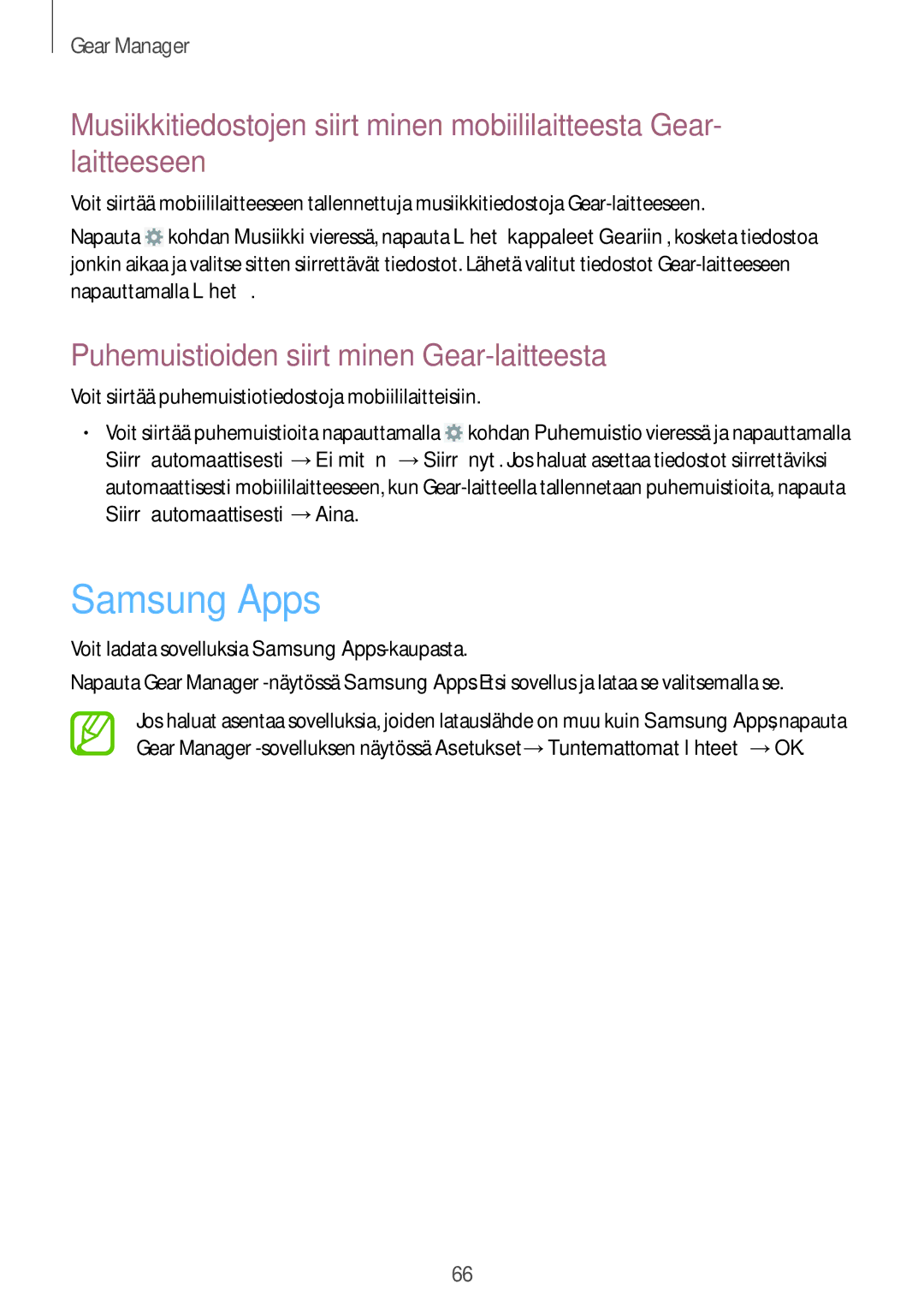 Samsung SM-R3810ZKANEE, SM-R3810ZWANEE, SM-R3810ZOANEE manual Samsung Apps, Puhemuistioiden siirtäminen Gear-laitteesta 