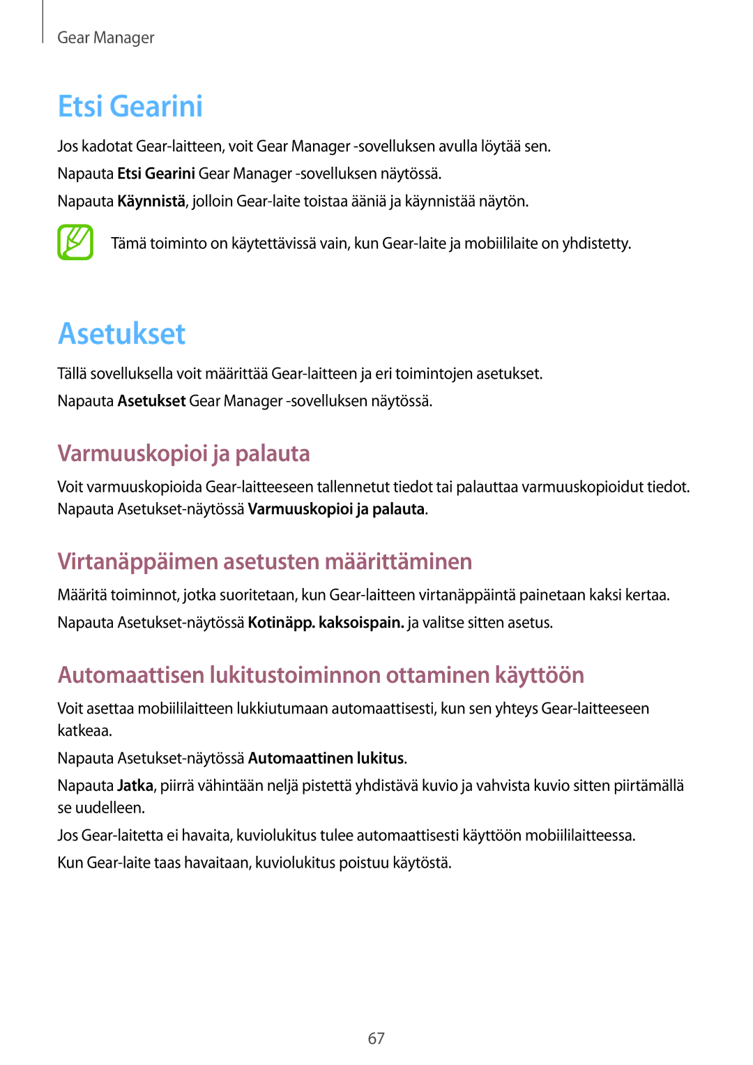 Samsung SM-R3810ZAANEE manual Etsi Gearini, Asetukset, Varmuuskopioi ja palauta, Virtanäppäimen asetusten määrittäminen 