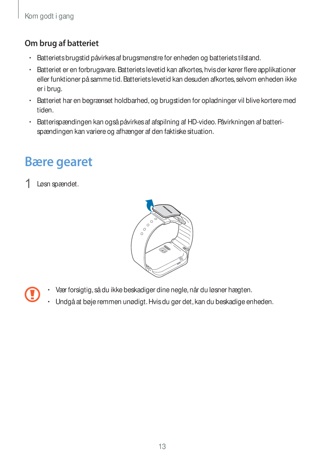 Samsung SM-R3810ZOANEE, SM-R3810ZWANEE, SM-R3810ZKANEE, SM-R3810ZAANEE manual Bære gearet, Om brug af batteriet 