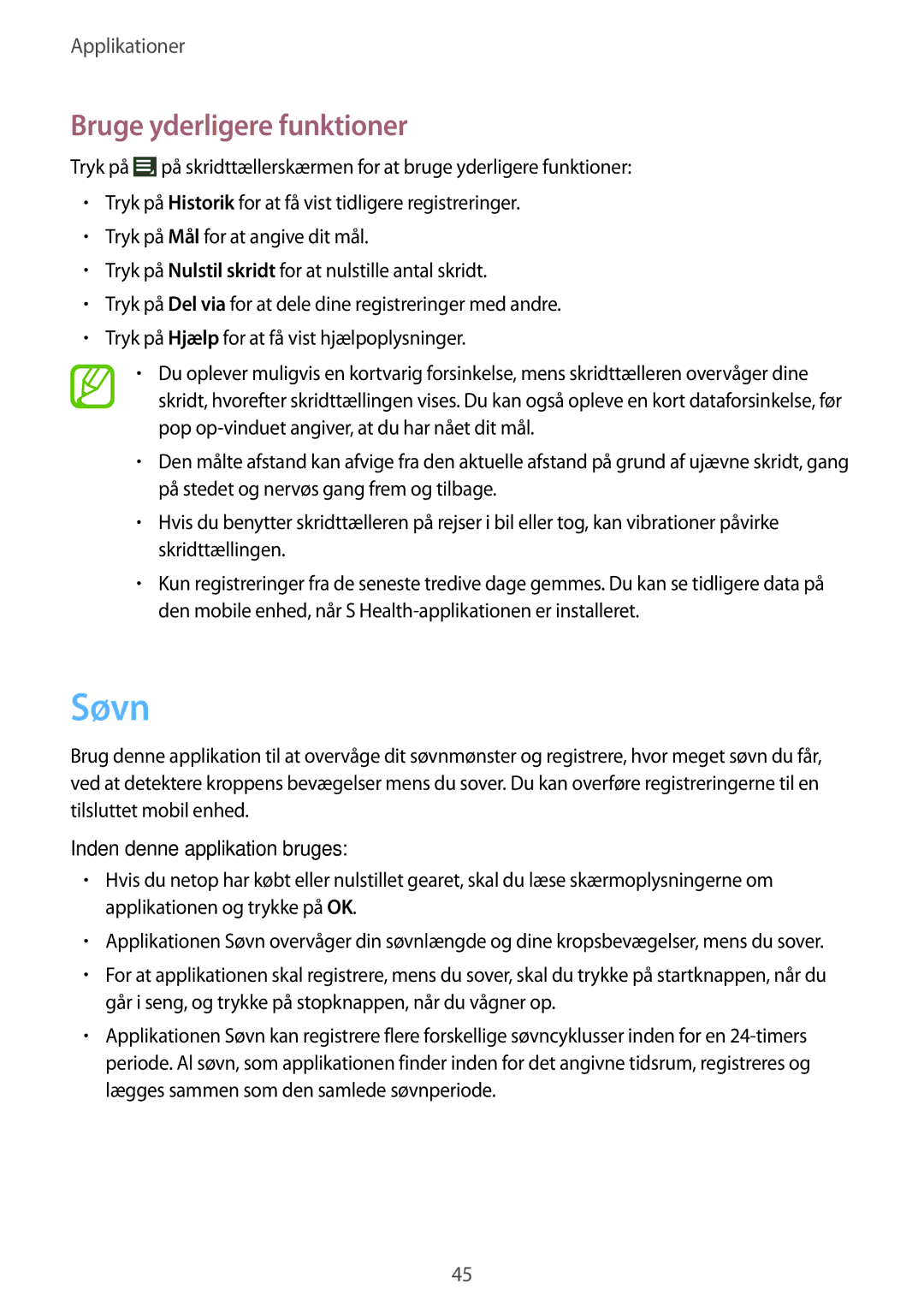 Samsung SM-R3810ZOANEE, SM-R3810ZWANEE, SM-R3810ZKANEE, SM-R3810ZAANEE manual Søvn, Bruge yderligere funktioner 