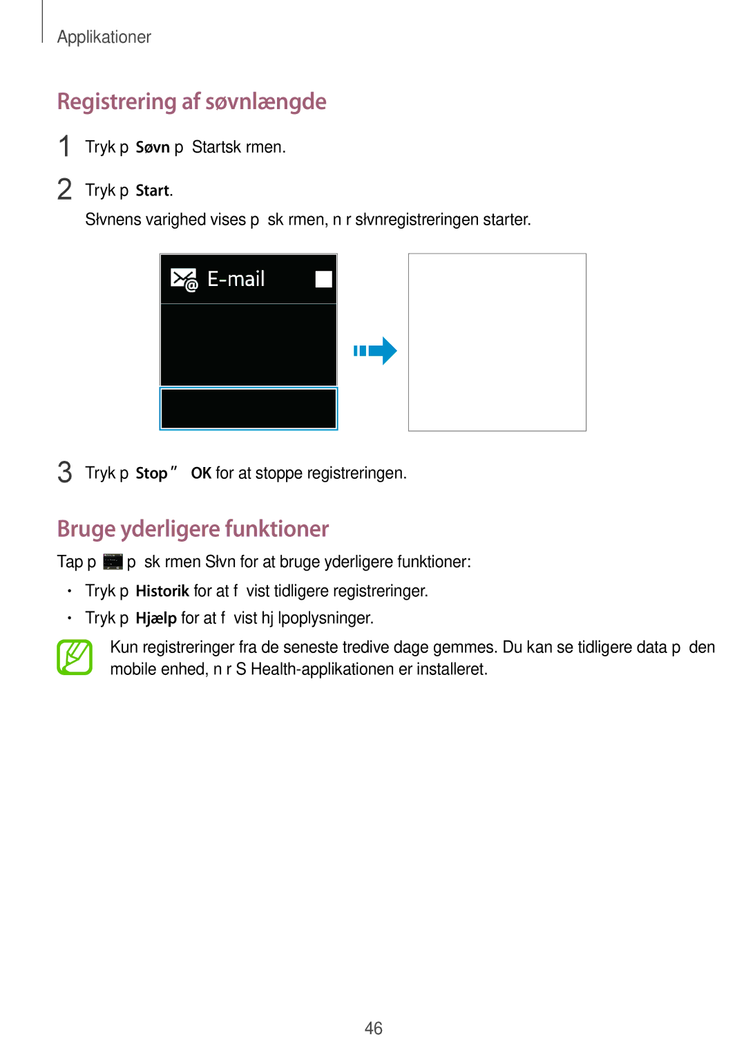 Samsung SM-R3810ZKANEE, SM-R3810ZWANEE, SM-R3810ZOANEE, SM-R3810ZAANEE manual Registrering af søvnlængde 