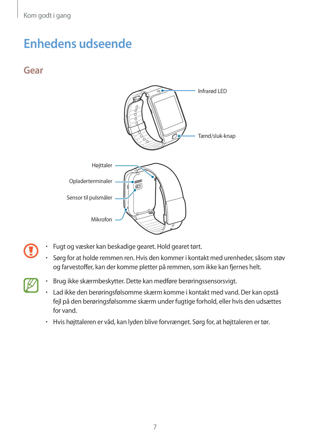 Samsung SM-R3810ZAANEE, SM-R3810ZWANEE manual Enhedens udseende, Gear, Fugt og væsker kan beskadige gearet. Hold gearet tørt 