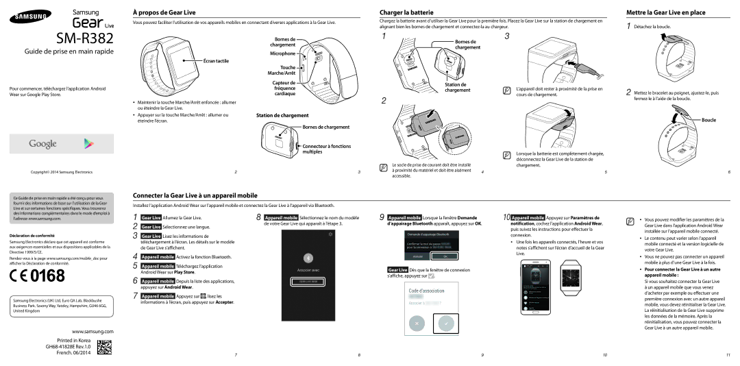 Samsung SM-R3820ZKPXEF, SM-R3820ZKAXEF manual Propos de Gear Live Charger la batterie, Mettre la Gear Live en place 