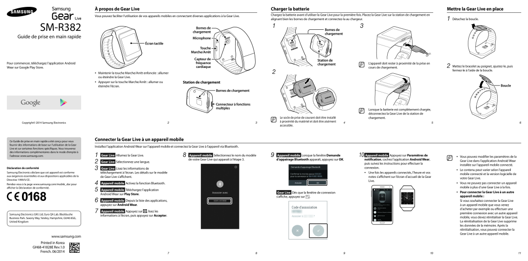 Samsung SM-R3820ZKPXEF, SM-R3820ZKAXEF manual À propos de Gear Live, Charger la batterie, Mettre la Gear Live en place 