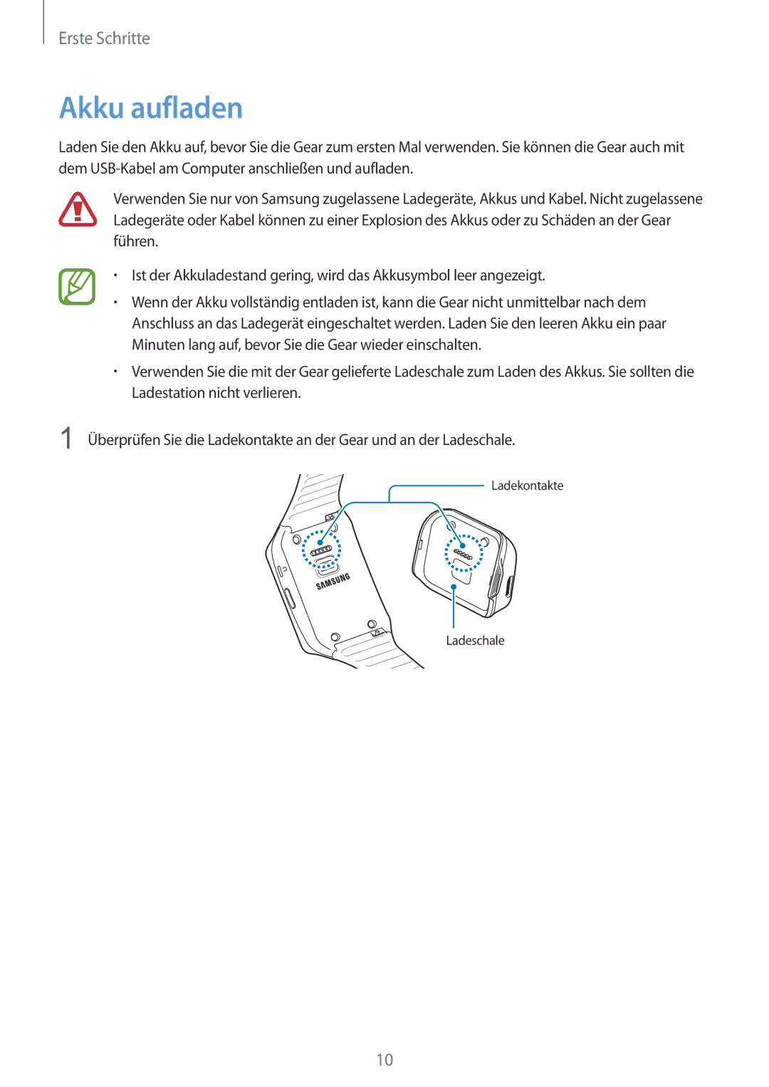 Samsung SM-R3820ZKPDBT, SM-R3820ZKAXEF manual Akku aufladen 