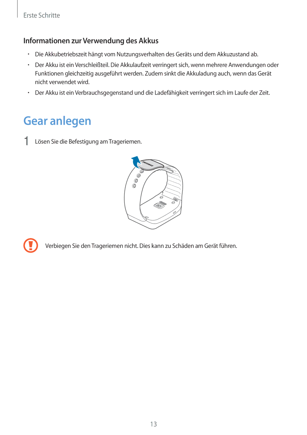 Samsung SM-R3820ZKAXEF, SM-R3820ZKPDBT manual Gear anlegen, Informationen zur Verwendung des Akkus 