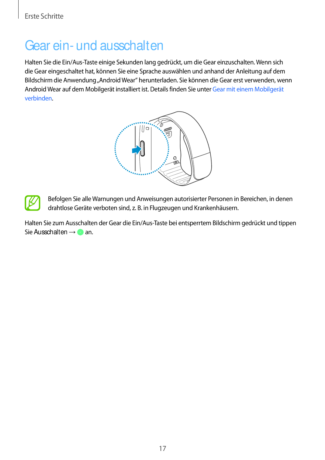 Samsung SM-R3820ZKAXEF, SM-R3820ZKPDBT manual Gear ein- und ausschalten 