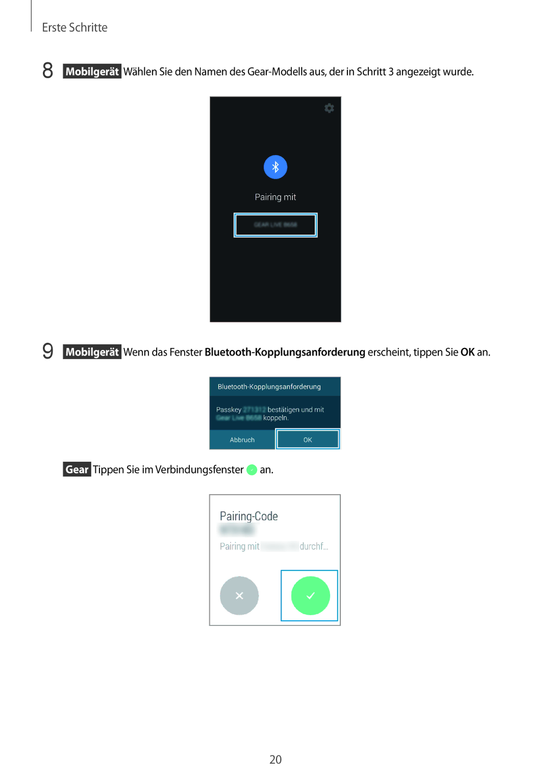 Samsung SM-R3820ZKPDBT, SM-R3820ZKAXEF manual  Gear Tippen Sie im Verbindungsfenster an 