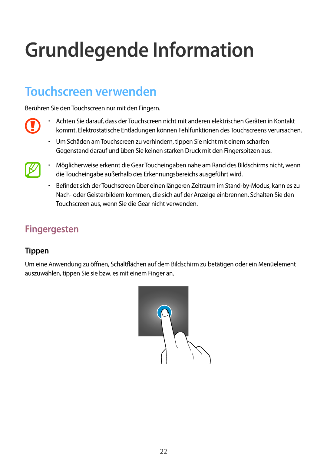 Samsung SM-R3820ZKPDBT, SM-R3820ZKAXEF manual Grundlegende Information, Touchscreen verwenden, Fingergesten, Tippen 