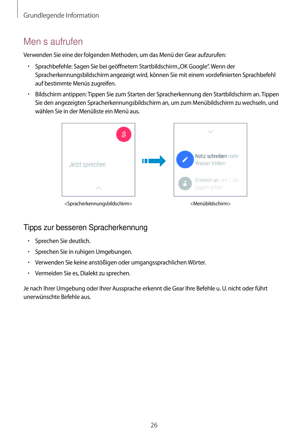 Samsung SM-R3820ZKPDBT, SM-R3820ZKAXEF manual Menüs aufrufen, Tipps zur besseren Spracherkennung 