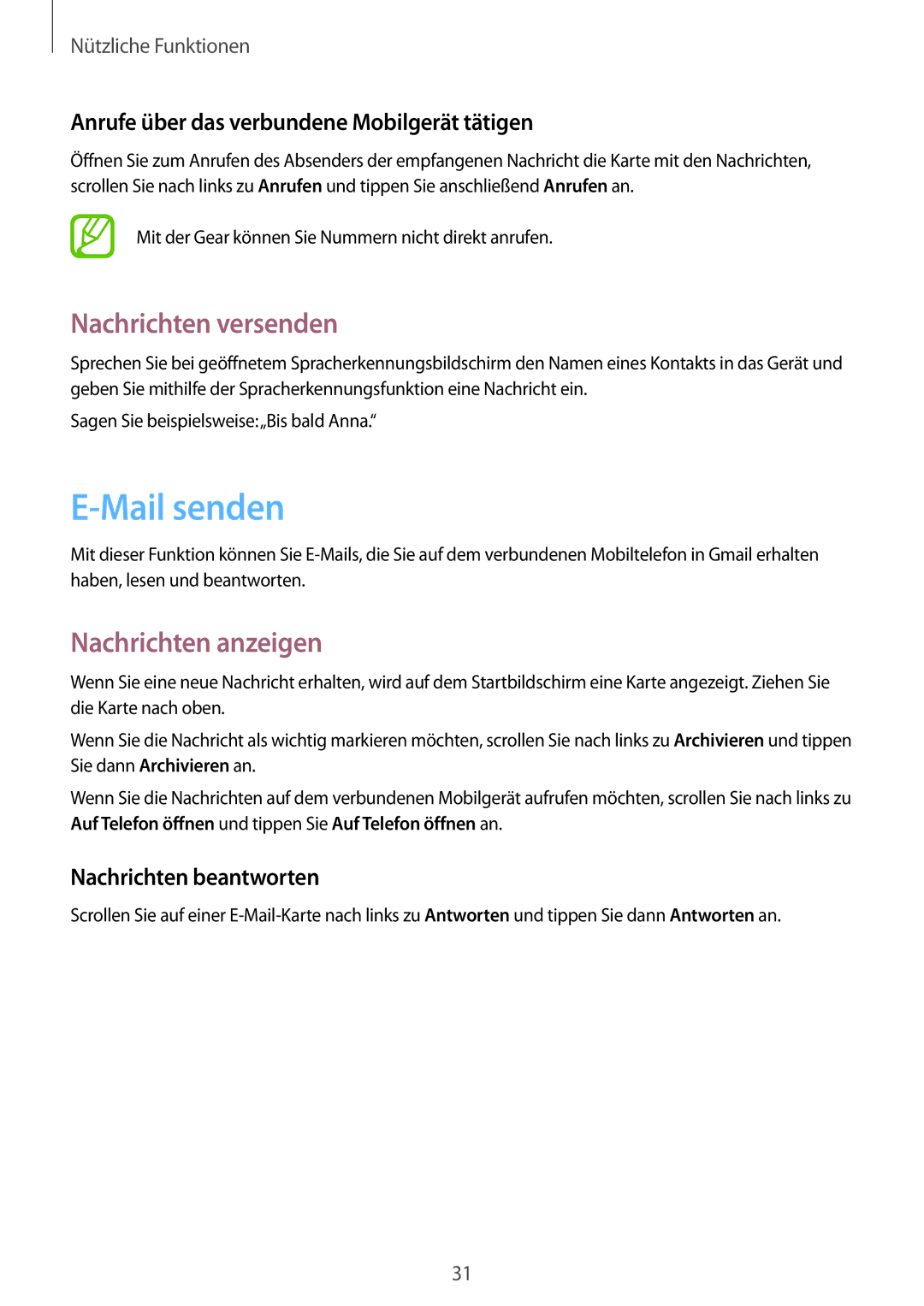 Samsung SM-R3820ZKAXEF, SM-R3820ZKPDBT manual Mail senden, Nachrichten versenden, Nachrichten anzeigen 