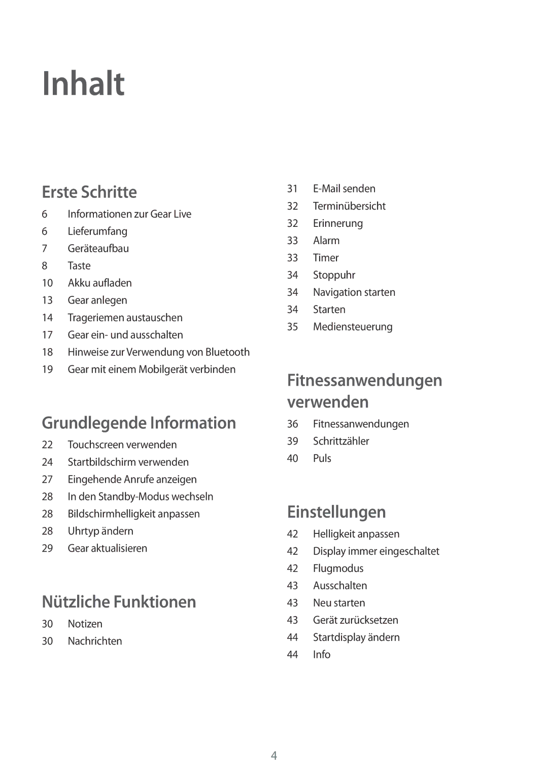 Samsung SM-R3820ZKPDBT, SM-R3820ZKAXEF manual Inhalt, Erste Schritte 