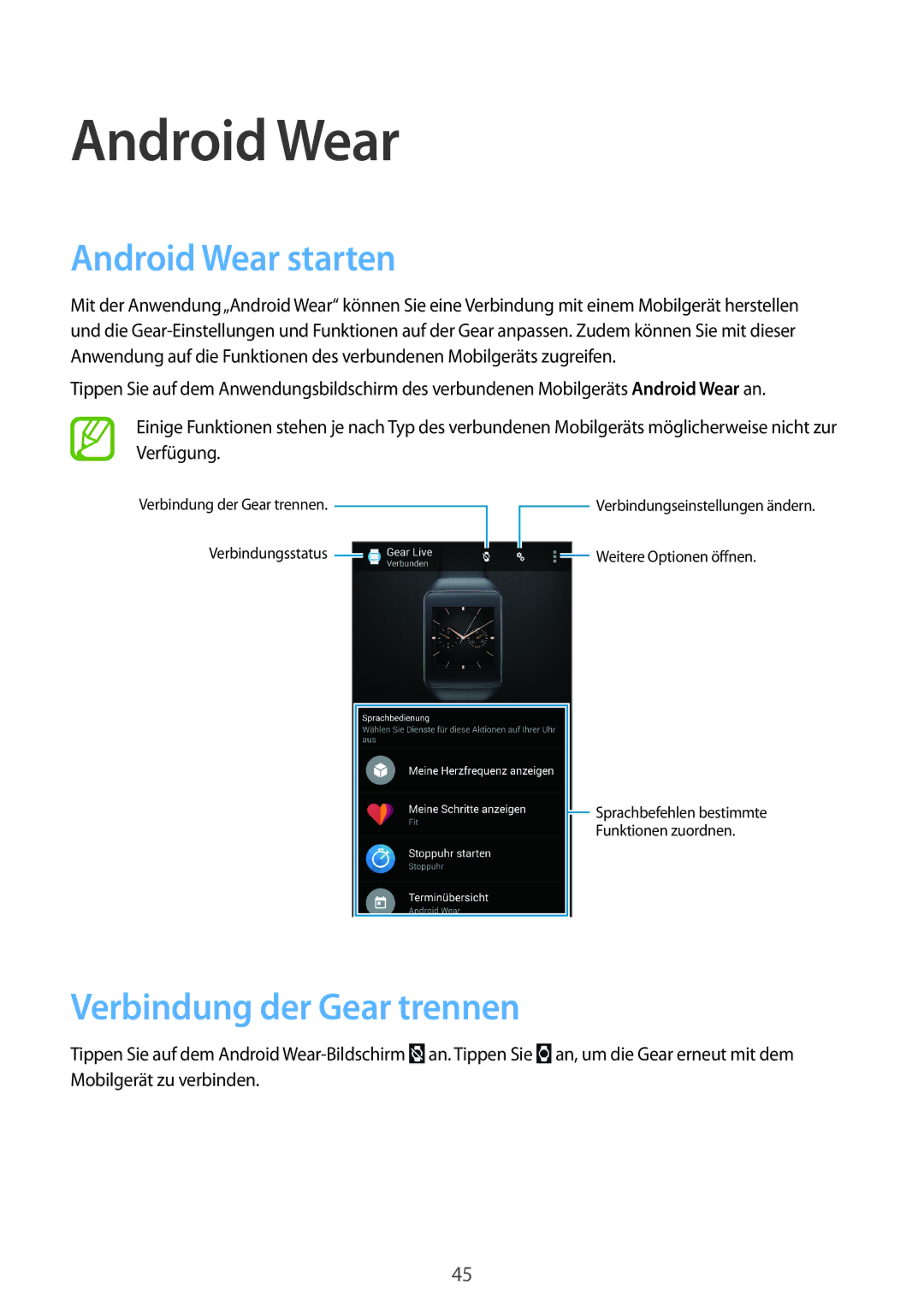 Samsung SM-R3820ZKAXEF, SM-R3820ZKPDBT manual Android Wear starten, Verbindung der Gear trennen 