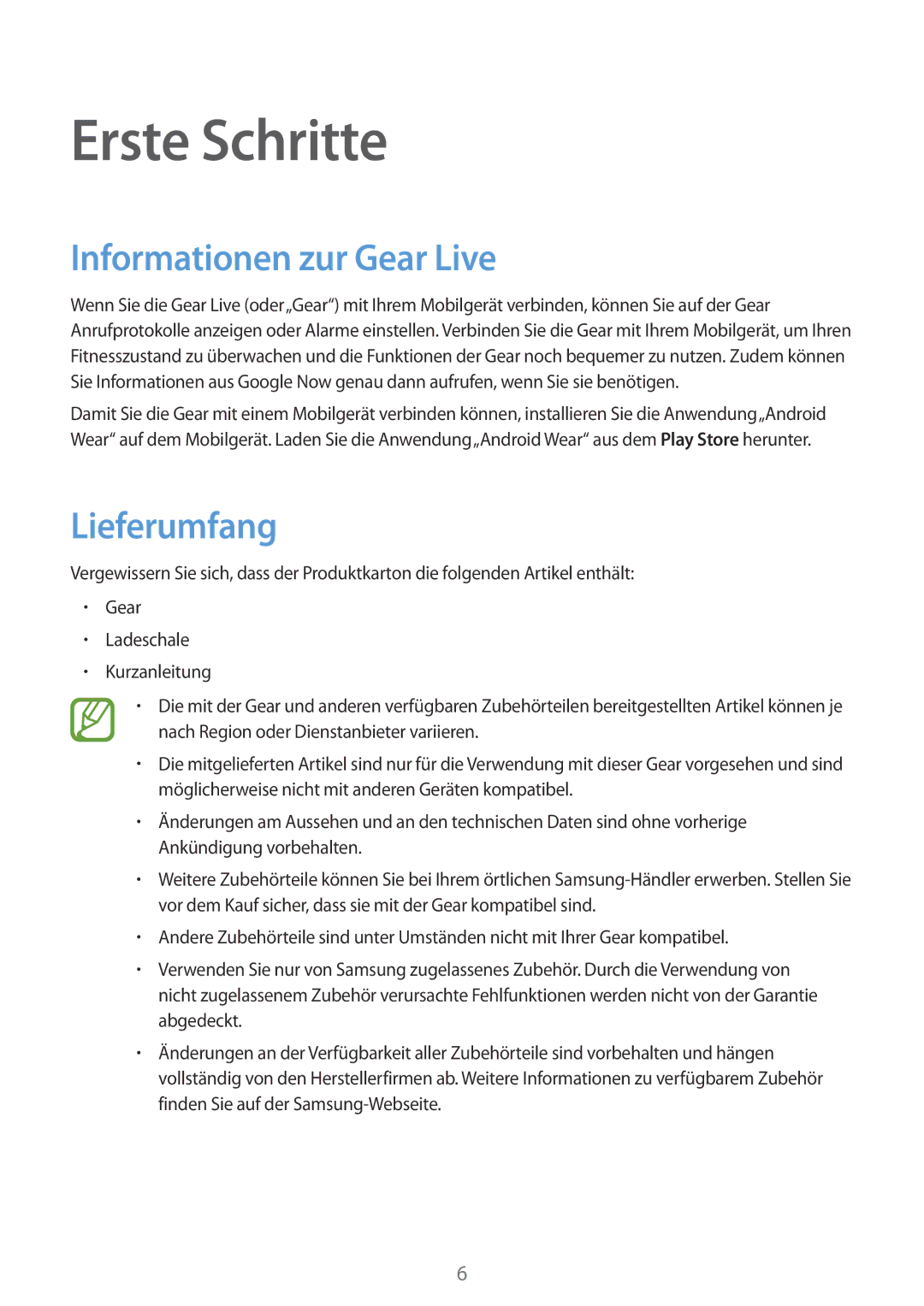 Samsung SM-R3820ZKPDBT, SM-R3820ZKAXEF manual Erste Schritte, Informationen zur Gear Live, Lieferumfang 