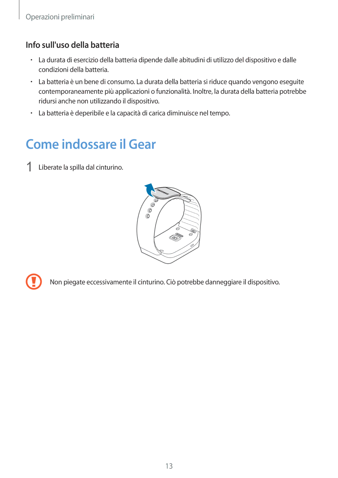 Samsung SM-R3820ZKPITV manual Come indossare il Gear, Info sulluso della batteria 