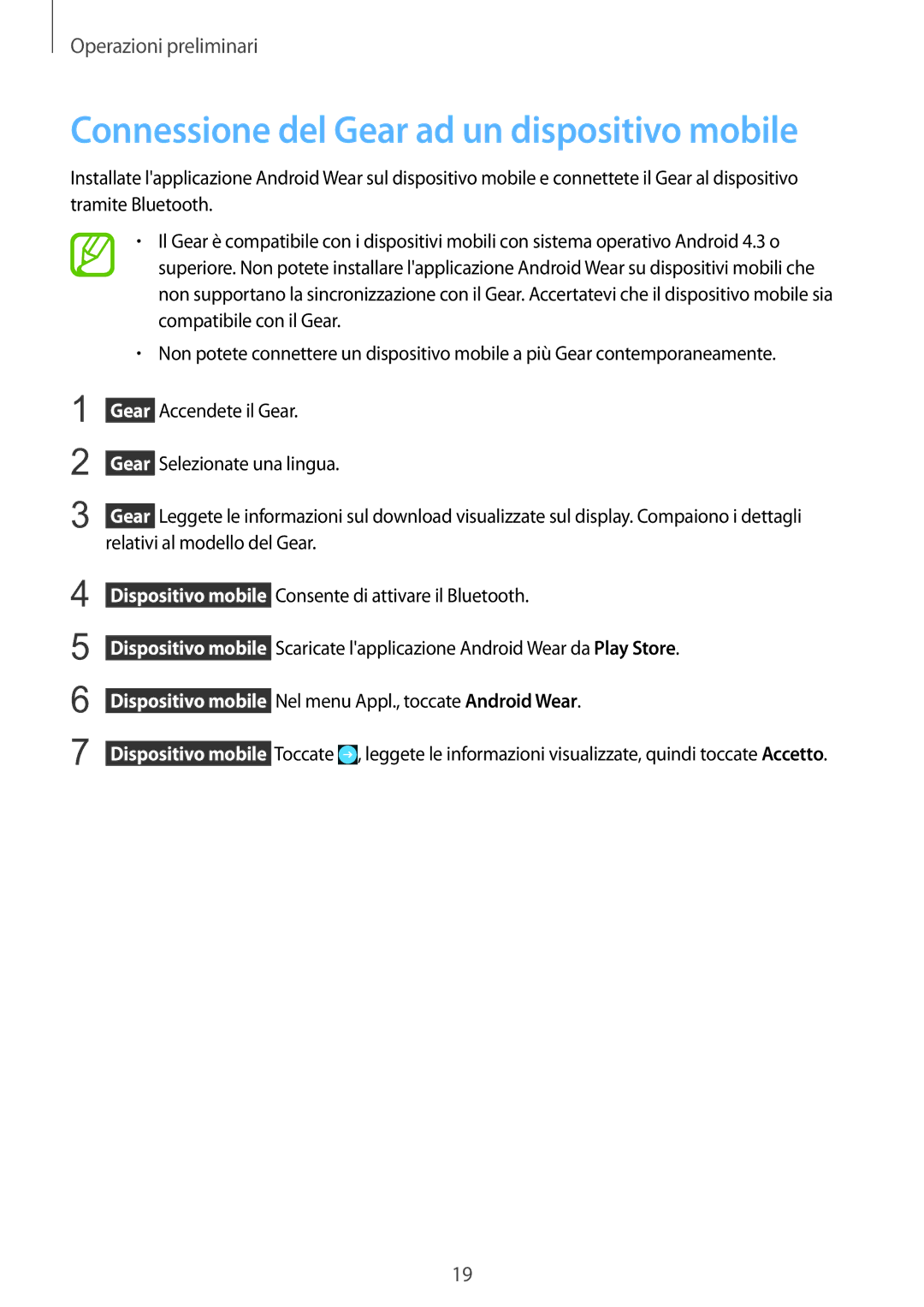 Samsung SM-R3820ZKPITV manual Connessione del Gear ad un dispositivo mobile 