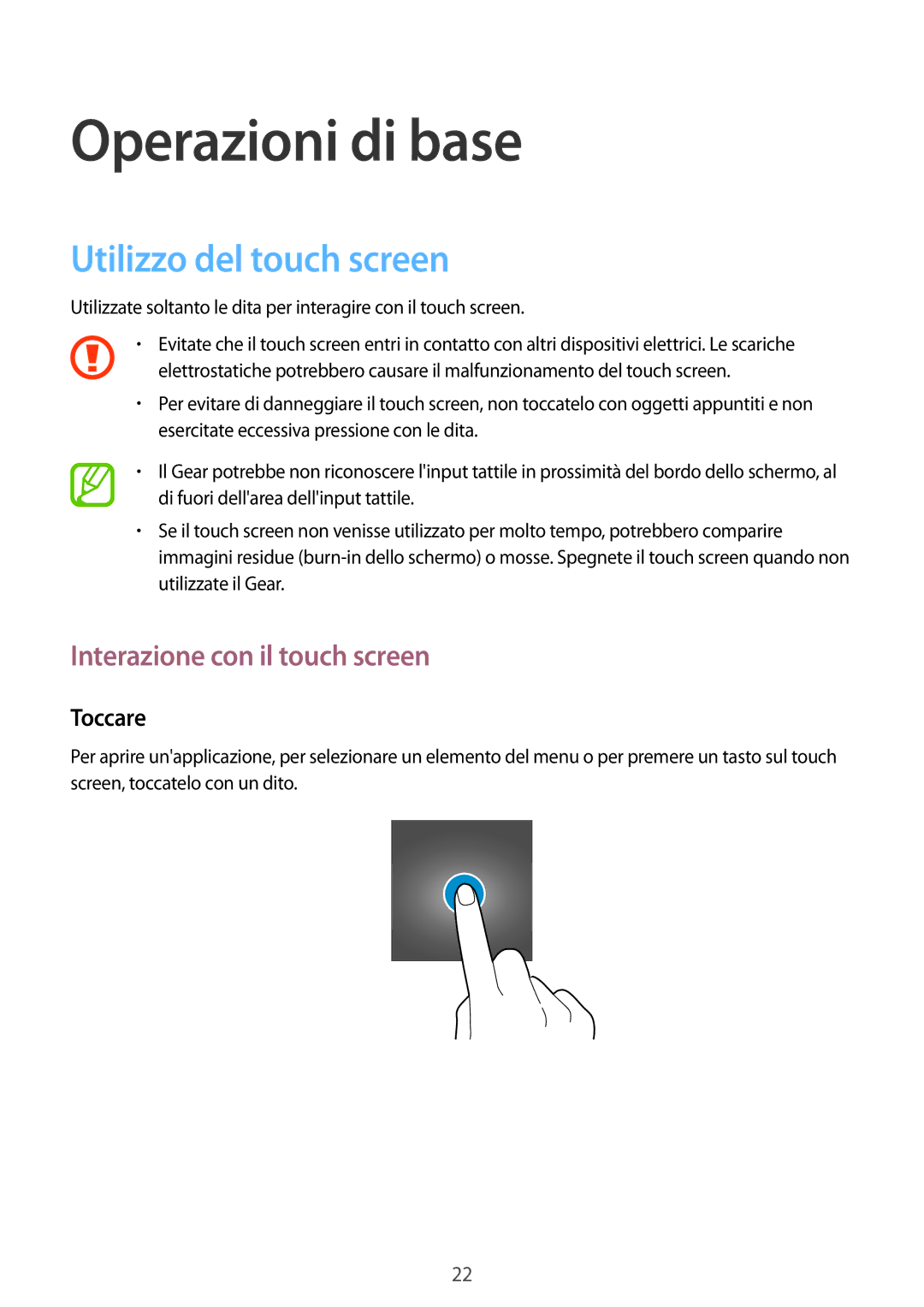 Samsung SM-R3820ZKPITV manual Operazioni di base, Utilizzo del touch screen, Interazione con il touch screen 