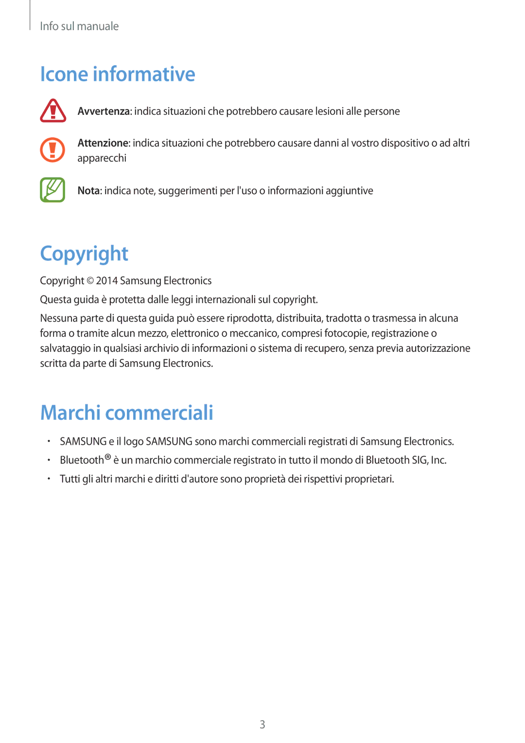 Samsung SM-R3820ZKPITV manual Icone informative, Copyright, Marchi commerciali 