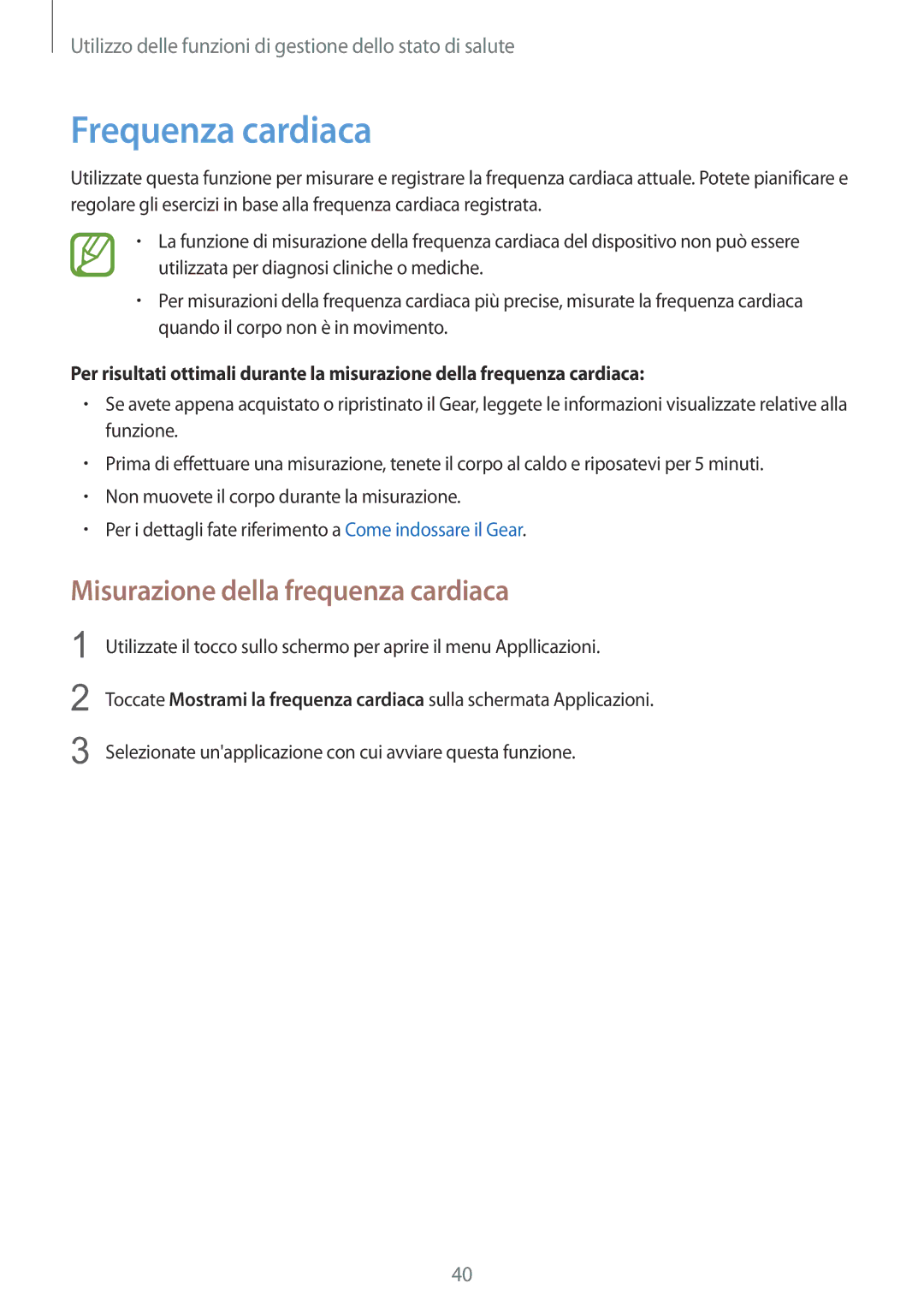 Samsung SM-R3820ZKPITV manual Frequenza cardiaca, Misurazione della frequenza cardiaca 