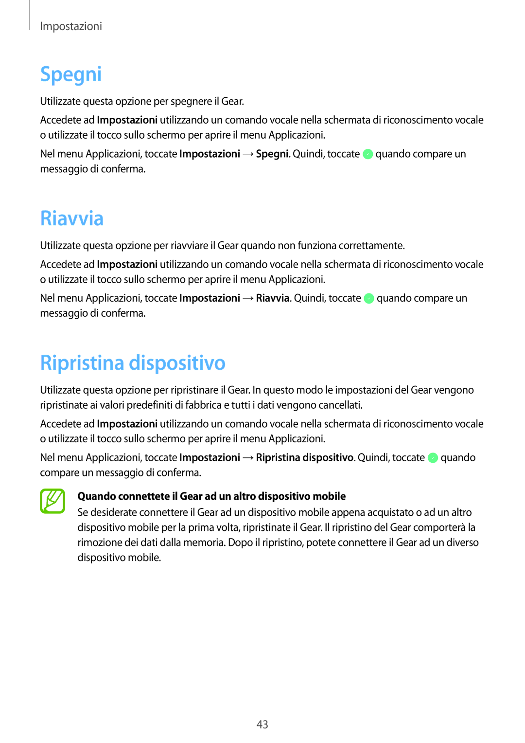 Samsung SM-R3820ZKPITV manual Spegni, Riavvia, Ripristina dispositivo 