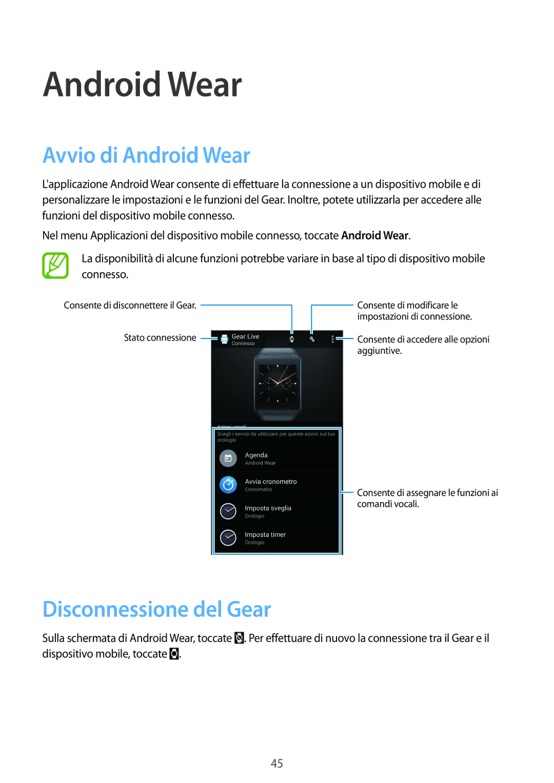 Samsung SM-R3820ZKPITV manual Avvio di Android Wear, Disconnessione del Gear 