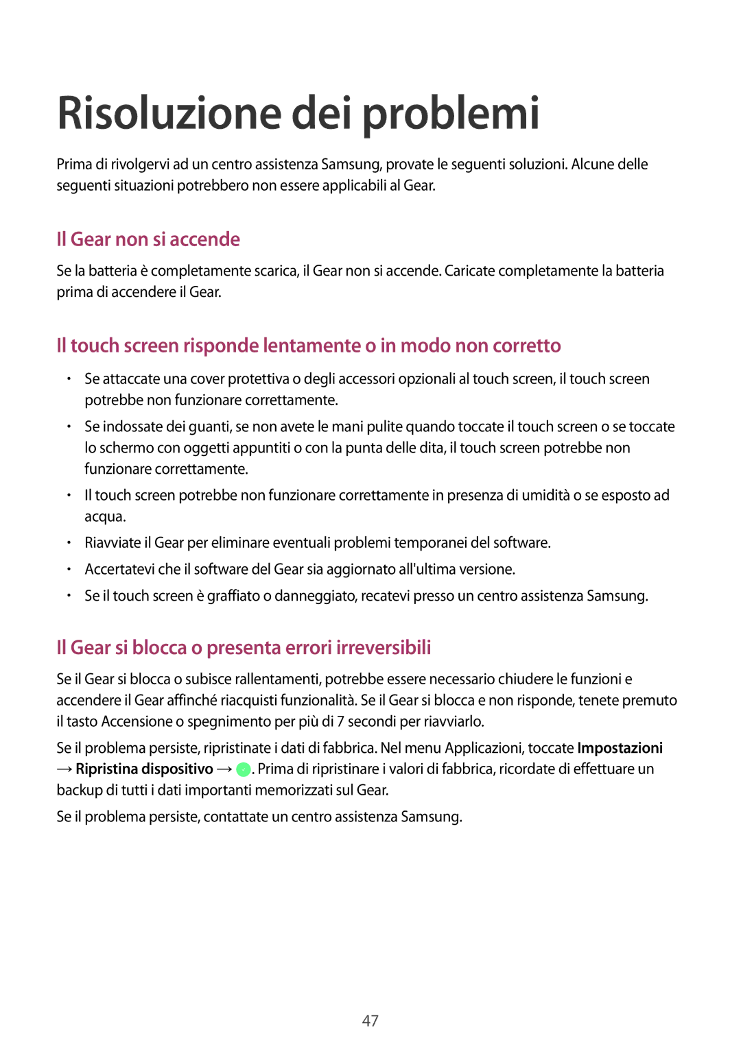 Samsung SM-R3820ZKPITV manual Risoluzione dei problemi, Il Gear non si accende 