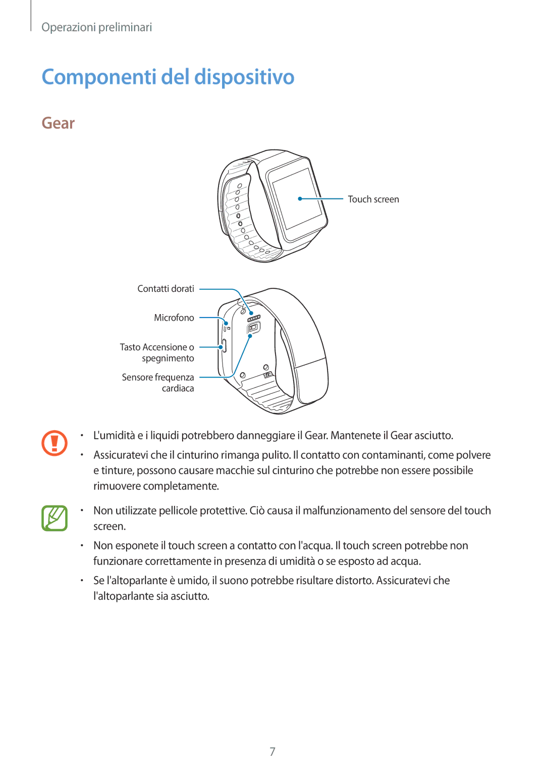 Samsung SM-R3820ZKPITV manual Componenti del dispositivo, Gear 