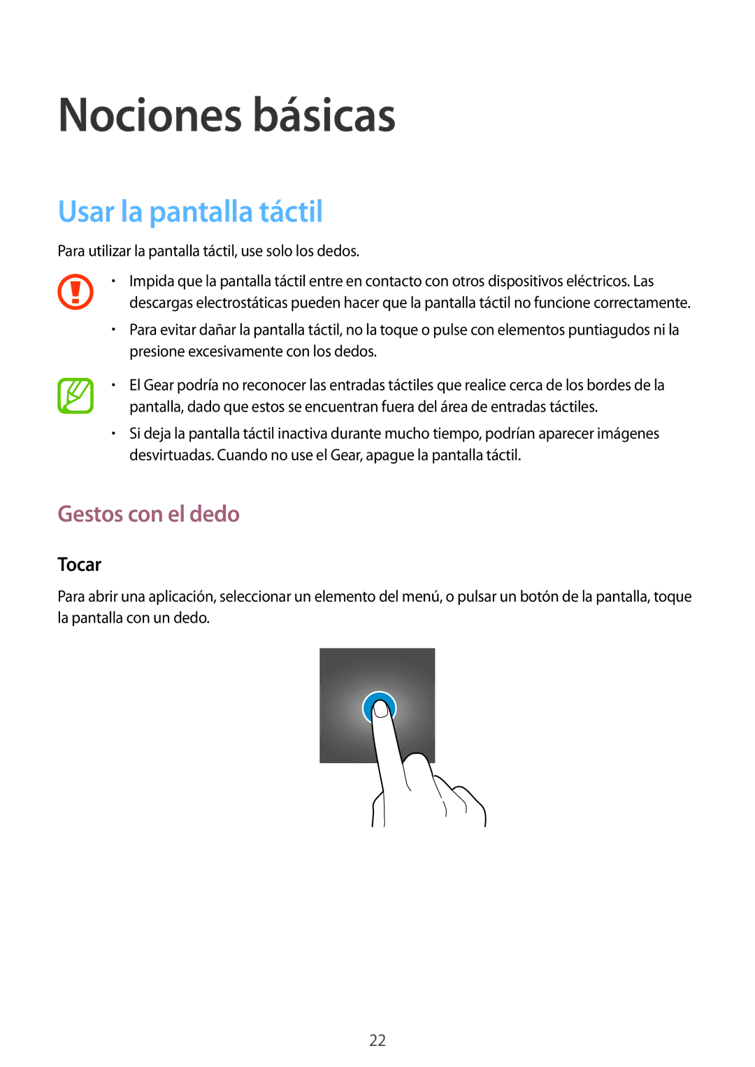 Samsung SM-R3820ZKPPHE manual Nociones básicas, Usar la pantalla táctil, Gestos con el dedo, Tocar 