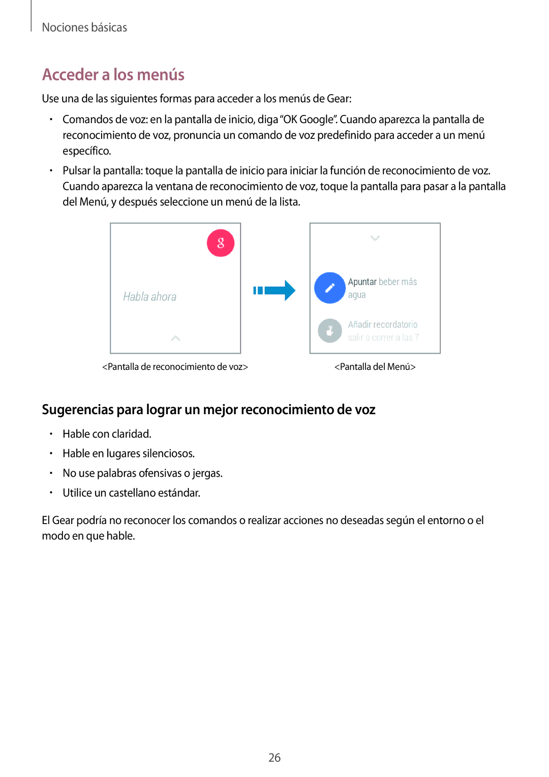 Samsung SM-R3820ZKPPHE manual Acceder a los menús, Sugerencias para lograr un mejor reconocimiento de voz 