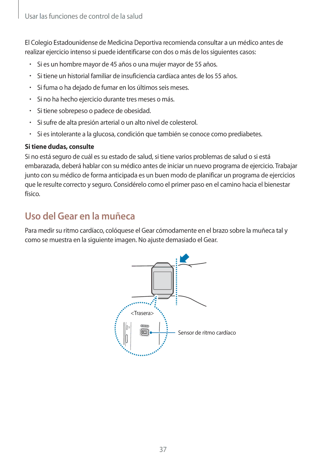 Samsung SM-R3820ZKPPHE manual Uso del Gear en la muñeca, Usar las funciones de control de la salud 