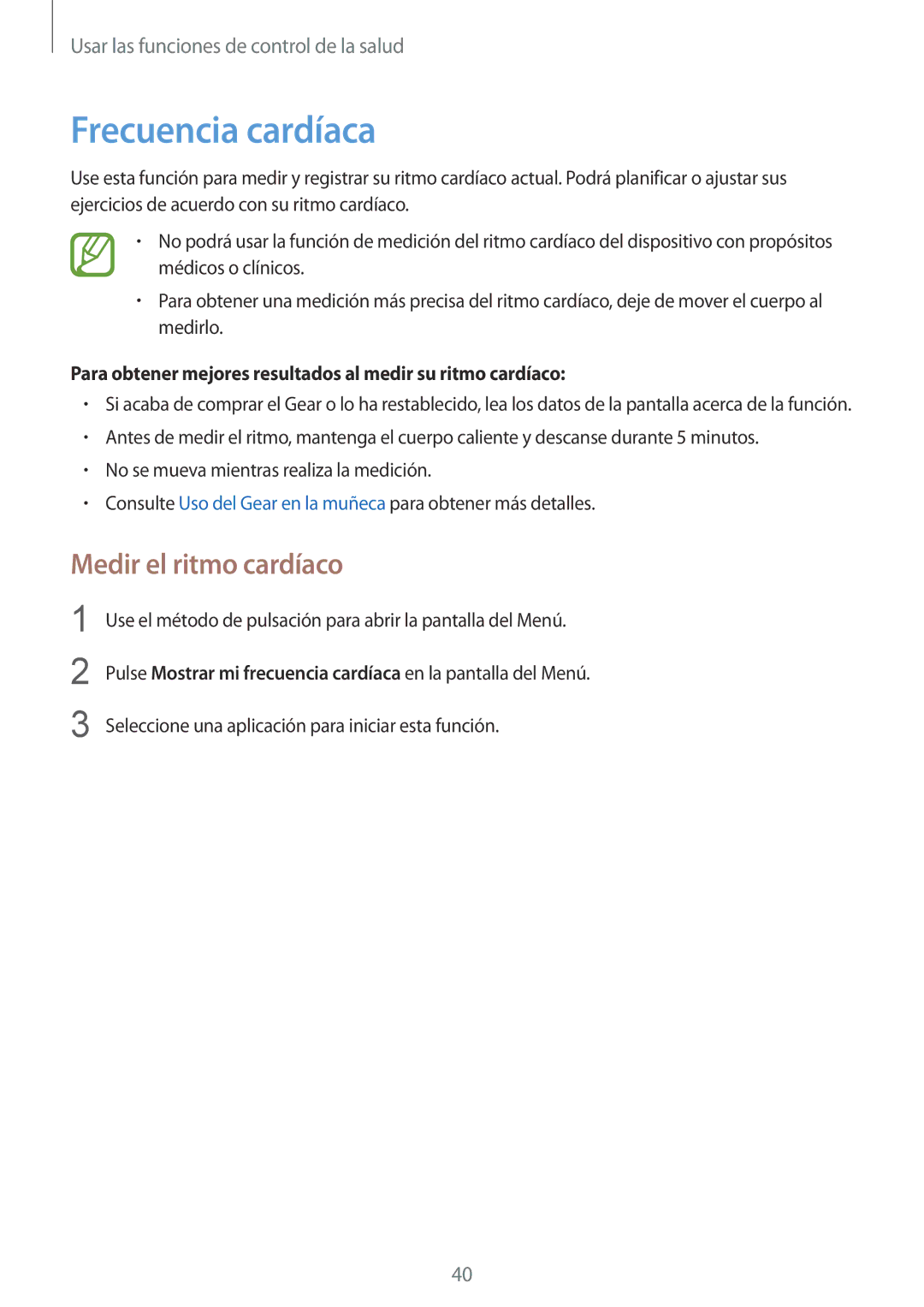Samsung SM-R3820ZKPPHE manual Frecuencia cardíaca, Medir el ritmo cardíaco 