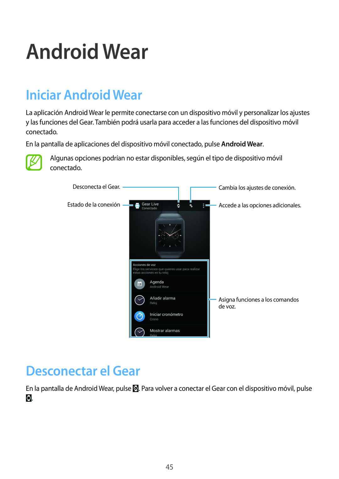 Samsung SM-R3820ZKPPHE manual Iniciar Android Wear, Desconectar el Gear 