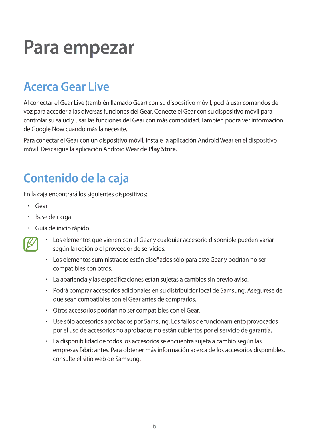 Samsung SM-R3820ZKPPHE manual Para empezar, Acerca Gear Live, Contenido de la caja 