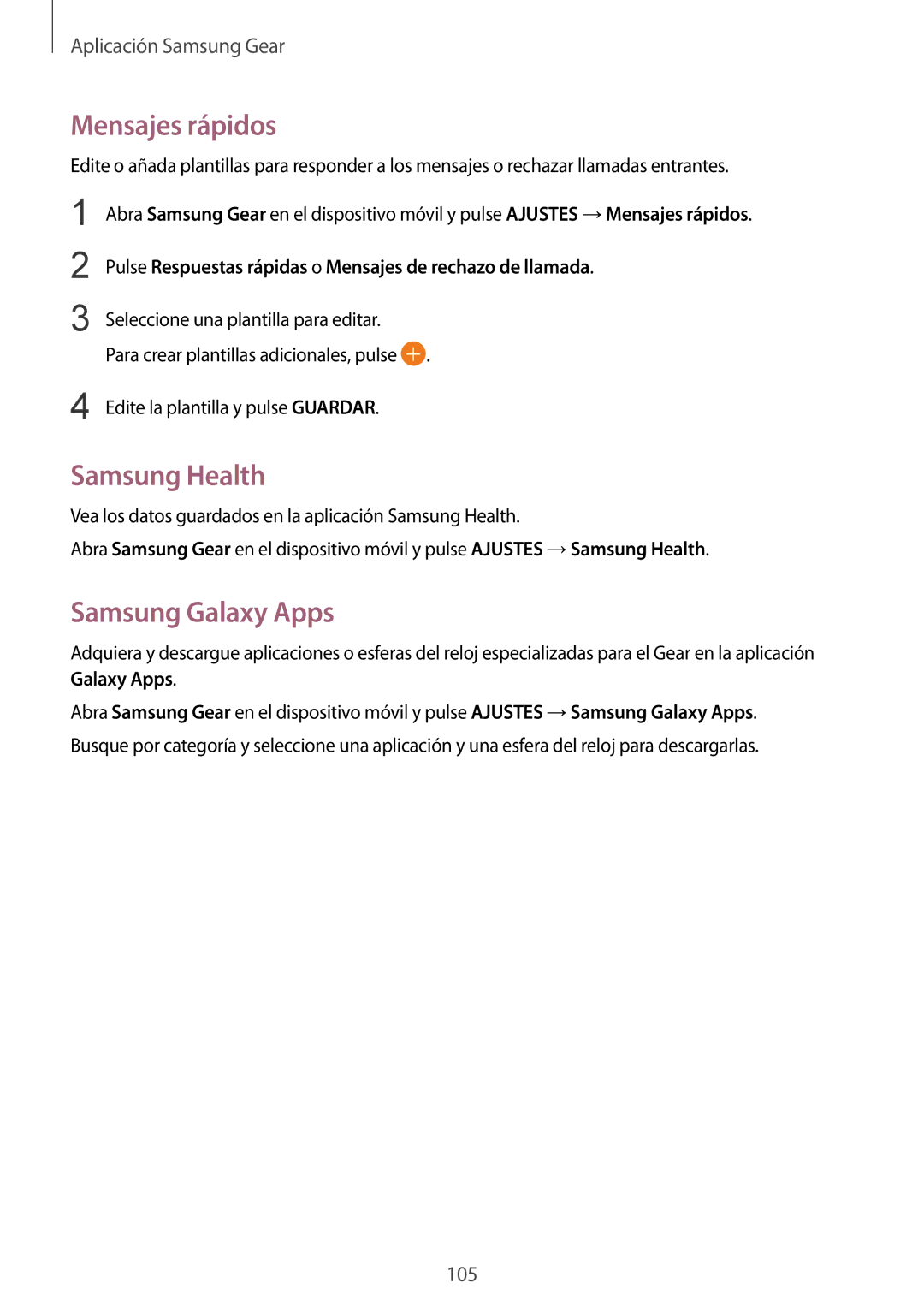 Samsung SM-R600NZKAPHE, SM-R600NZBAPHE manual Mensajes rápidos, Samsung Health, Samsung Galaxy Apps 