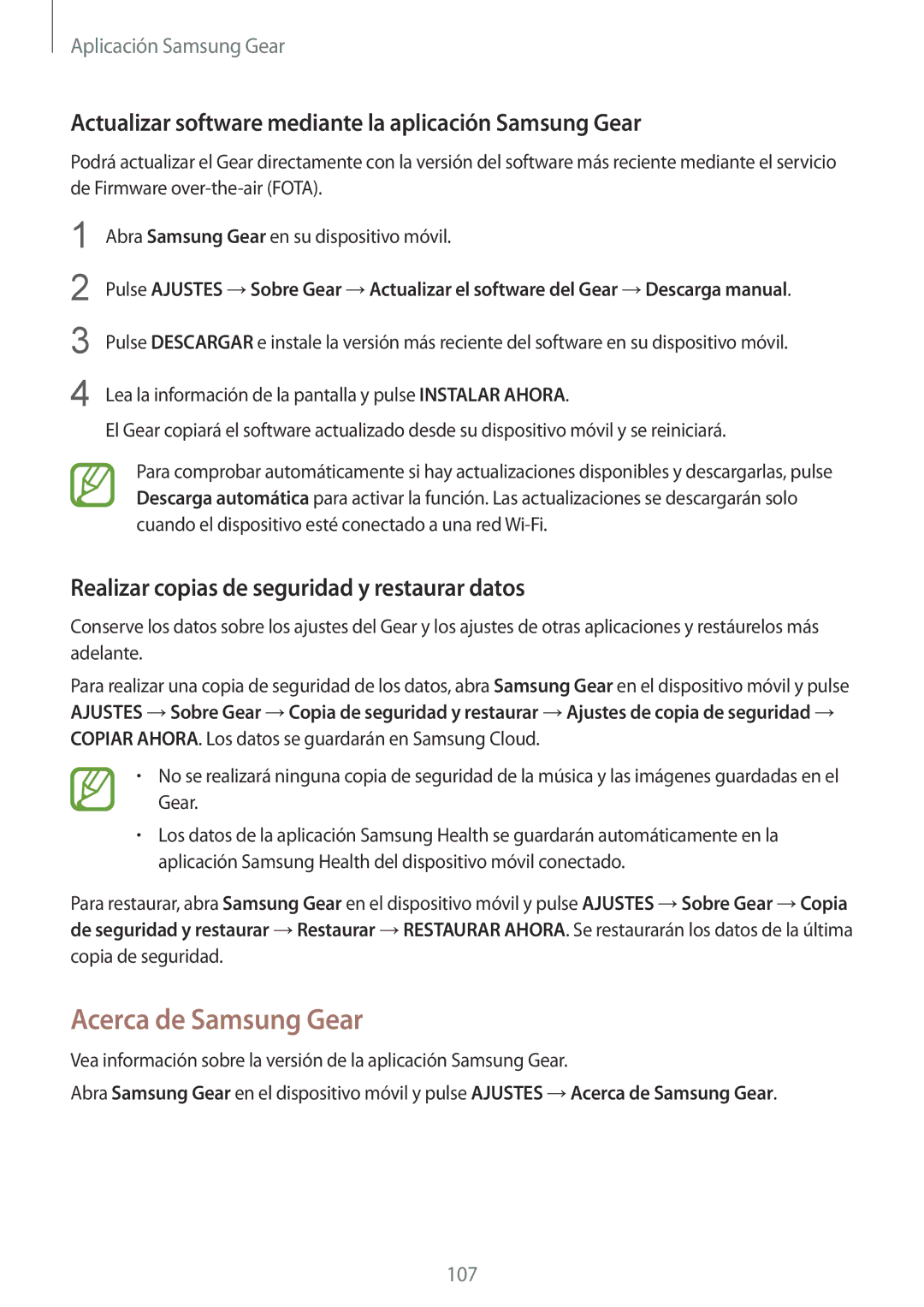 Samsung SM-R600NZKAPHE, SM-R600NZBAPHE Acerca de Samsung Gear, Actualizar software mediante la aplicación Samsung Gear 