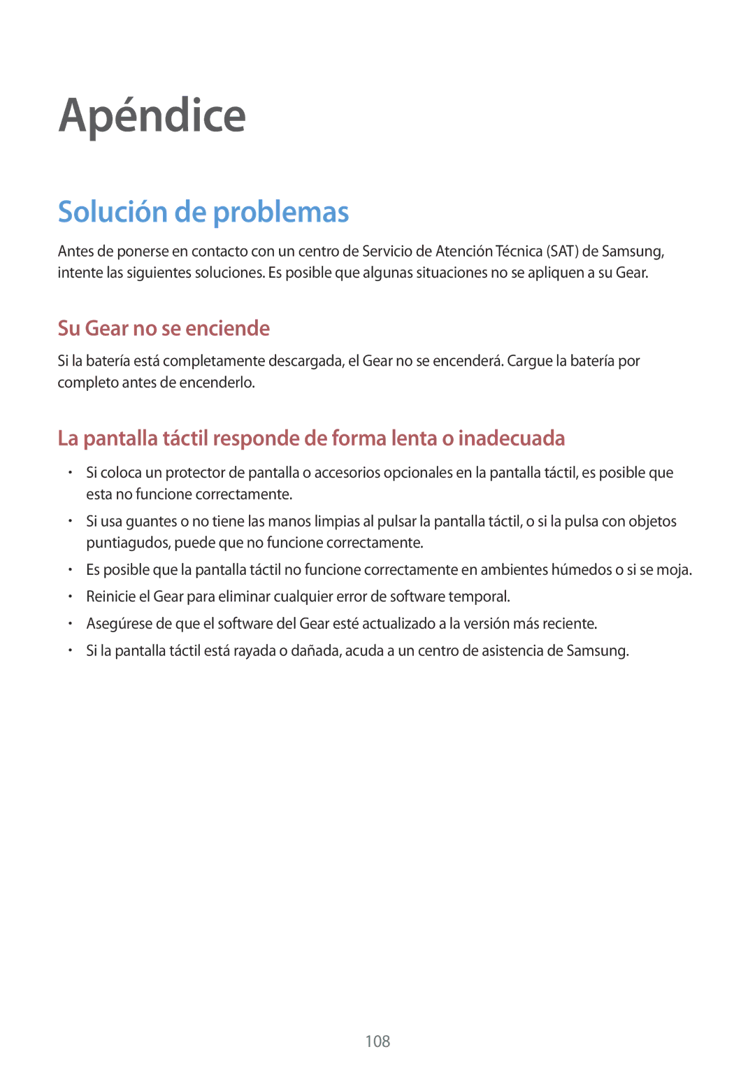 Samsung SM-R600NZBAPHE, SM-R600NZKAPHE manual Apéndice, Solución de problemas 