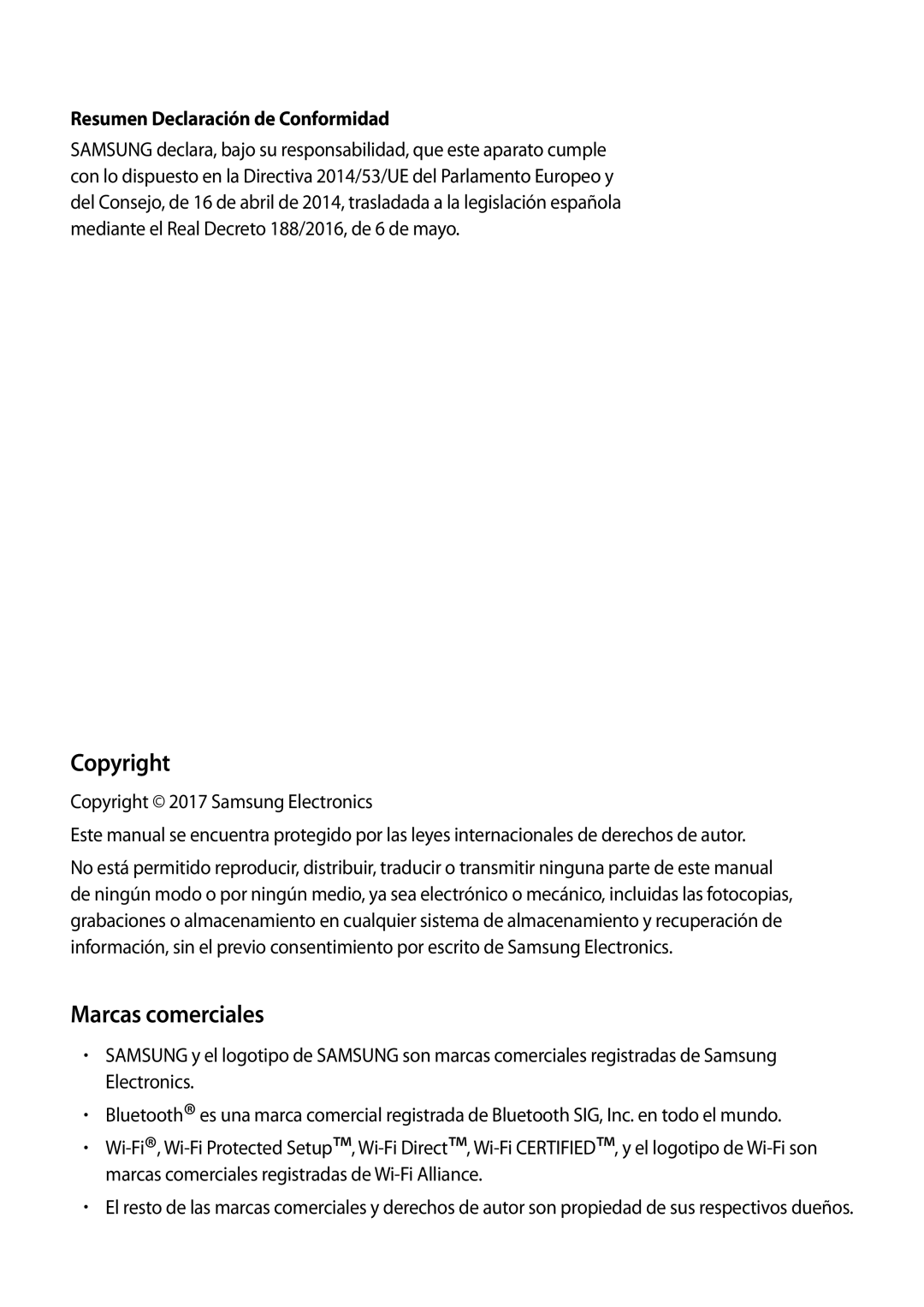 Samsung SM-R600NZKAPHE, SM-R600NZBAPHE manual Copyright, Marcas comerciales, Resumen Declaración de Conformidad 