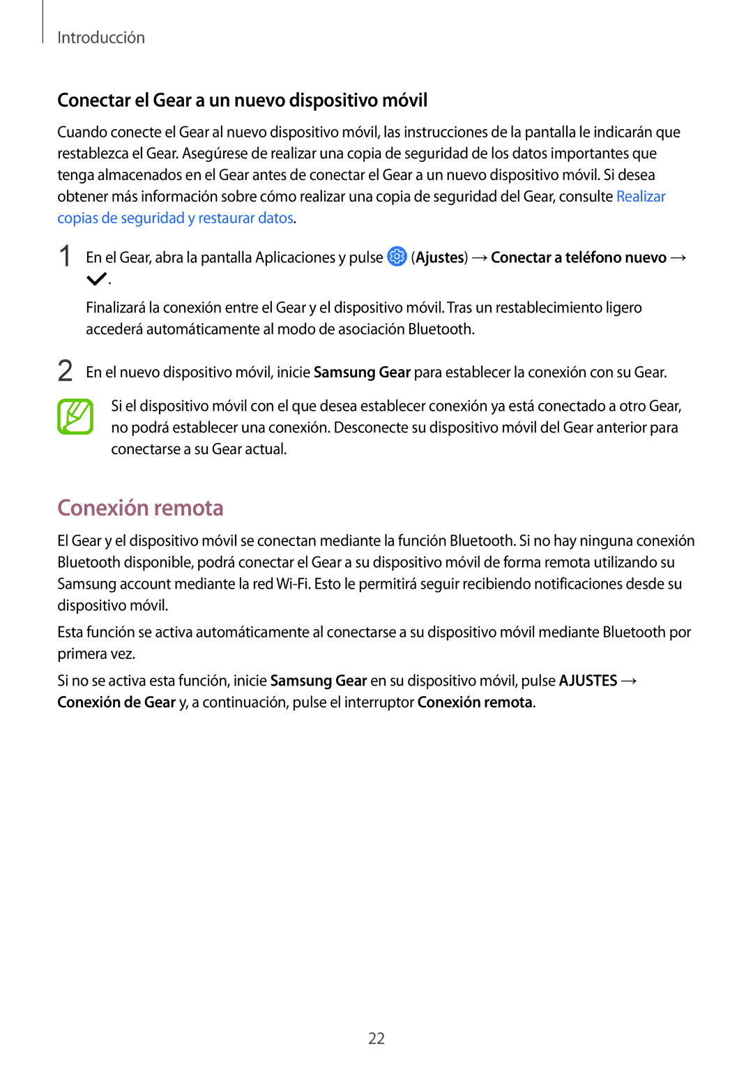 Samsung SM-R600NZBAPHE, SM-R600NZKAPHE manual Conexión remota, Conectar el Gear a un nuevo dispositivo móvil 
