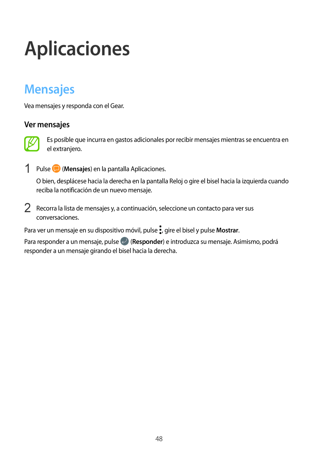 Samsung SM-R600NZBAPHE, SM-R600NZKAPHE manual Mensajes, Ver mensajes 