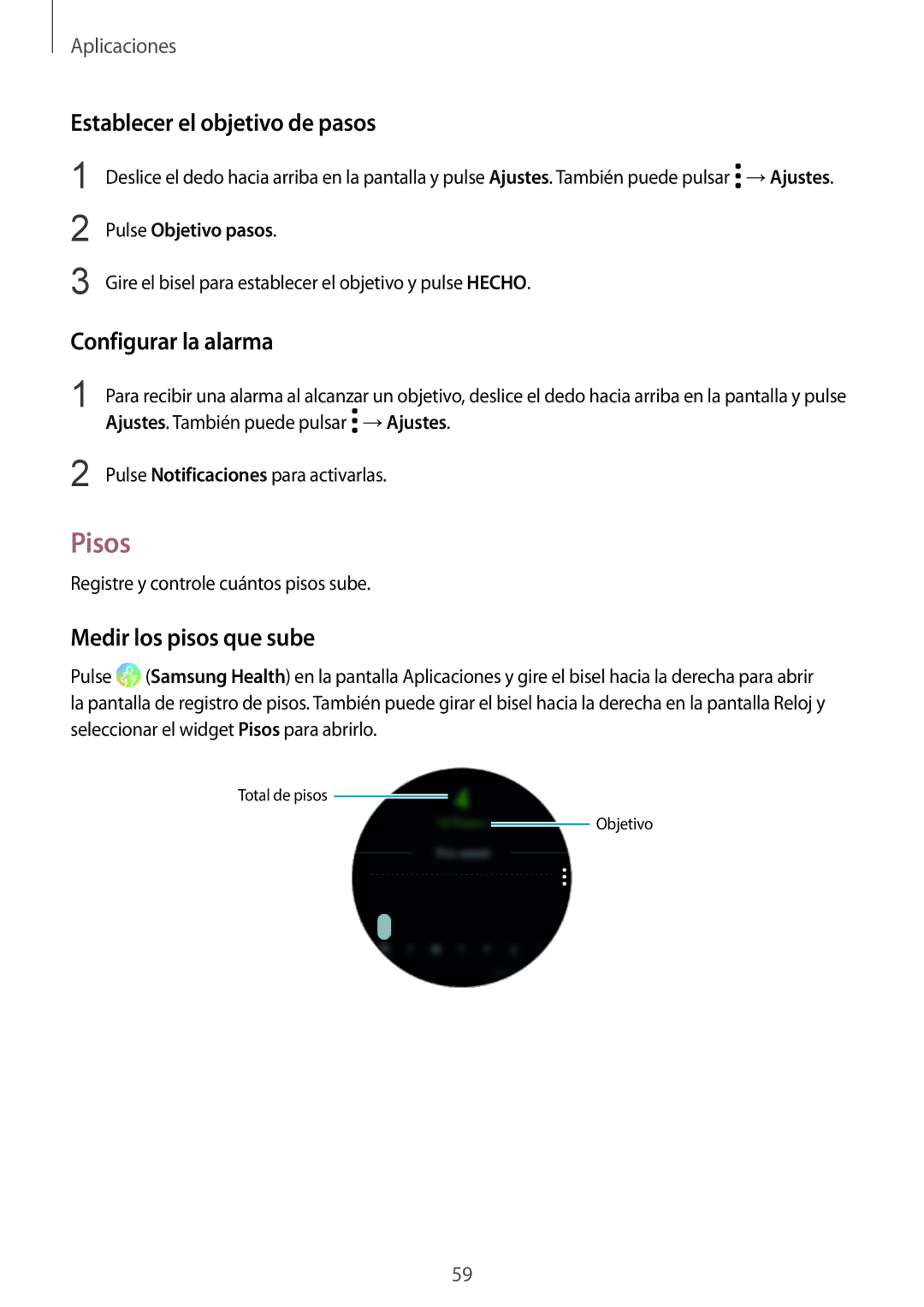 Samsung SM-R600NZKAPHE manual Pisos, Establecer el objetivo de pasos, Configurar la alarma, Medir los pisos que sube 