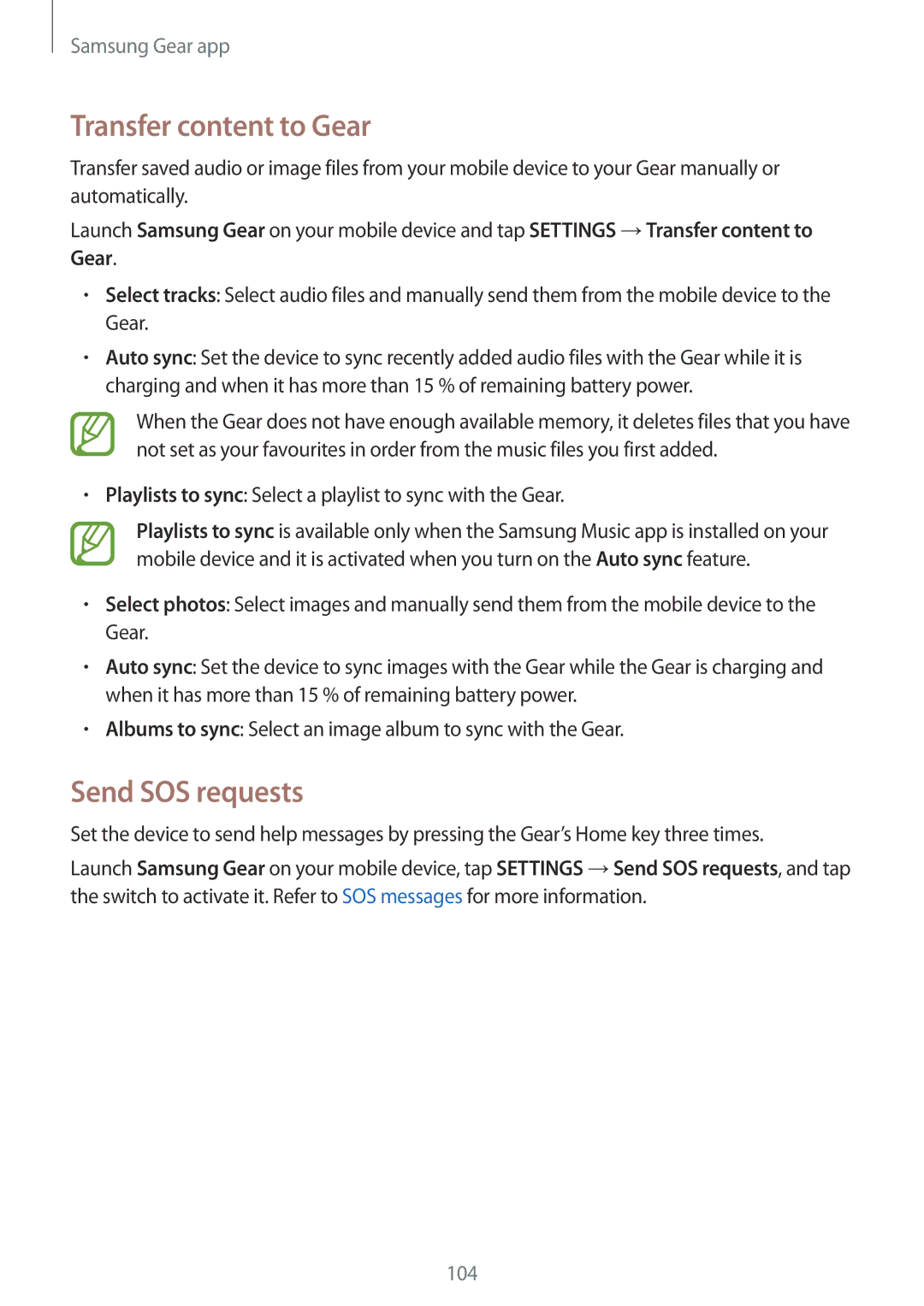 Samsung SM-R600NZKADBT, SM-R600NZBADBT, SM-R600NZBAXEF, SM-R600NZKAXEF manual Transfer content to Gear, Send SOS requests 